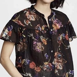 Free People Black Tropical Floral Flutter Sleeve Cropped Blouse - Small